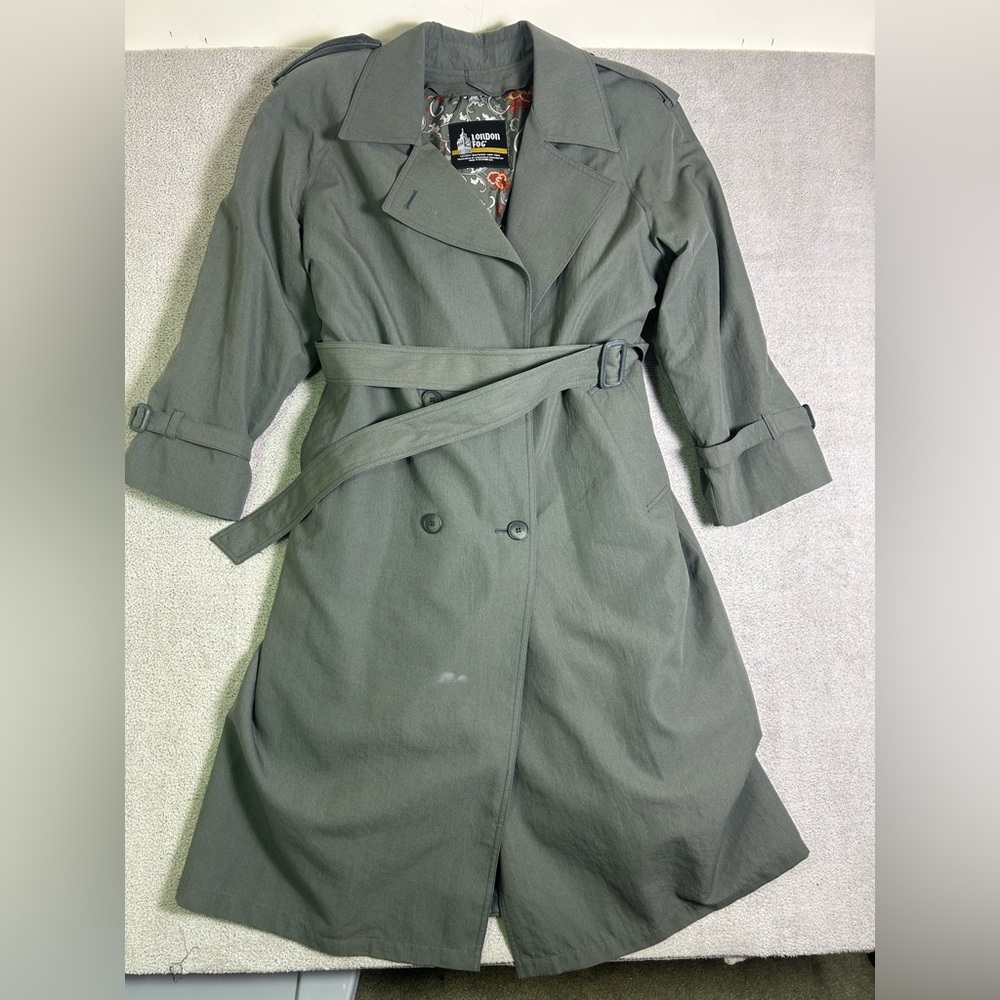 Vintage London Fog Long Trench Coat Women 14 Petite Olive Green Double Breasted
